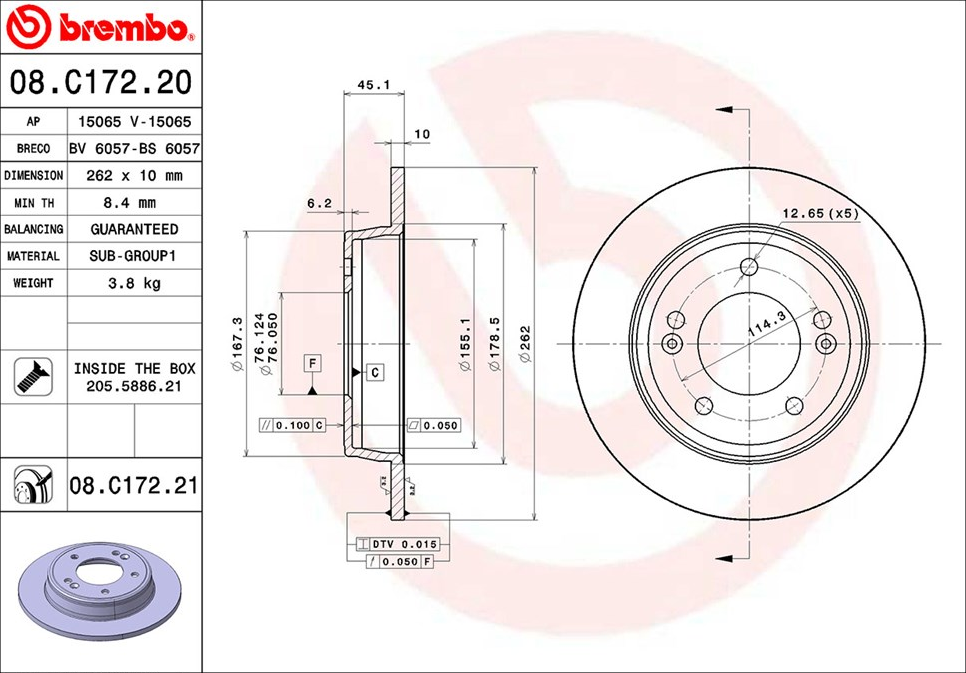 Brembo Диск тормозной задний, не вентилируемый D 262 мм TH 10 мм DIA 76 мм 5X114,3 Hyundai i30 Creta 08C1722 OE: 58411A6300 EAN: 8020584211120