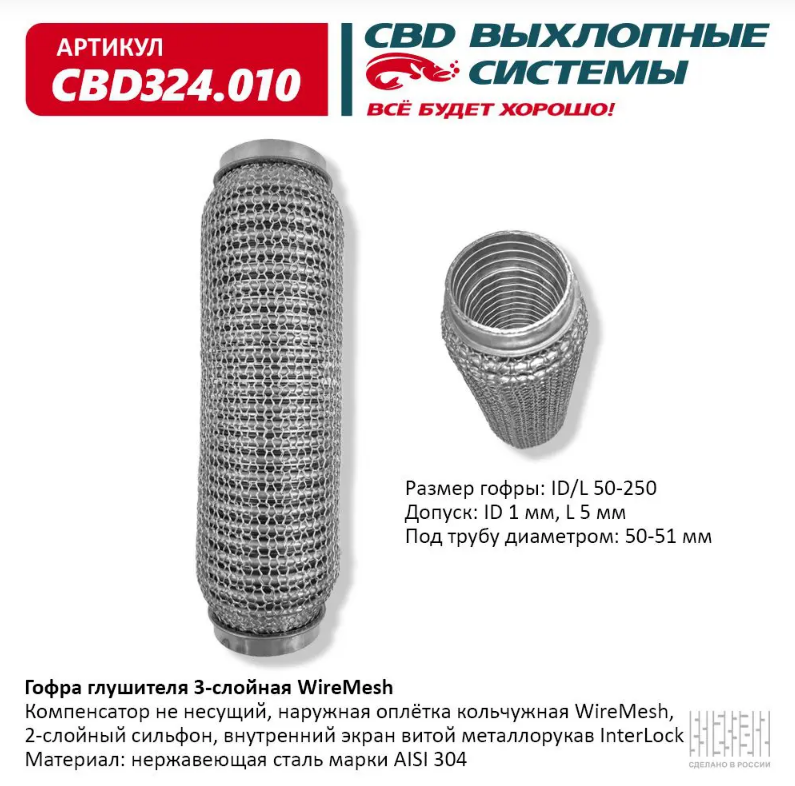 CBD Гофра глушителя 3-слойная WireMesh 50х250 CBD324010