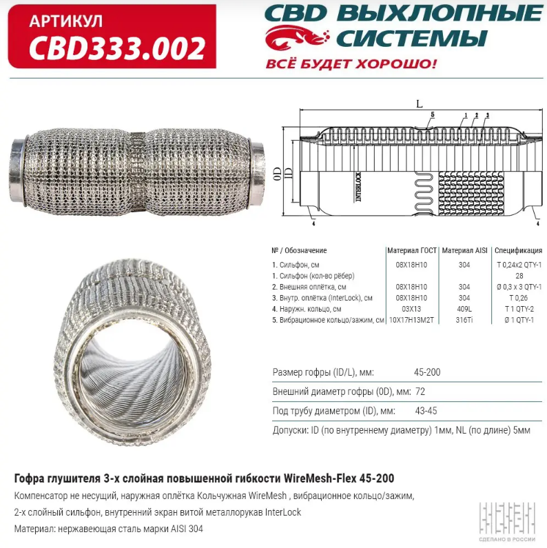 CBD Гофра глушителя повышенной гибкости WireMesh-Flex 45x200 CBD333002