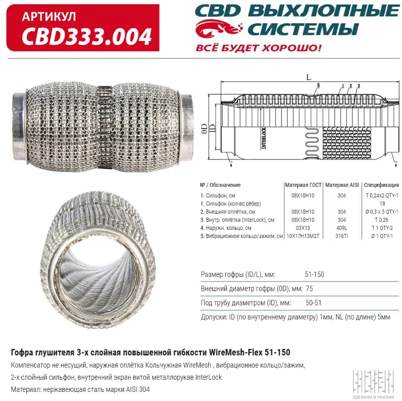 CBD Гофра глушителя повышенной гибкости WireMesh-Flex 51x150 CBD333004