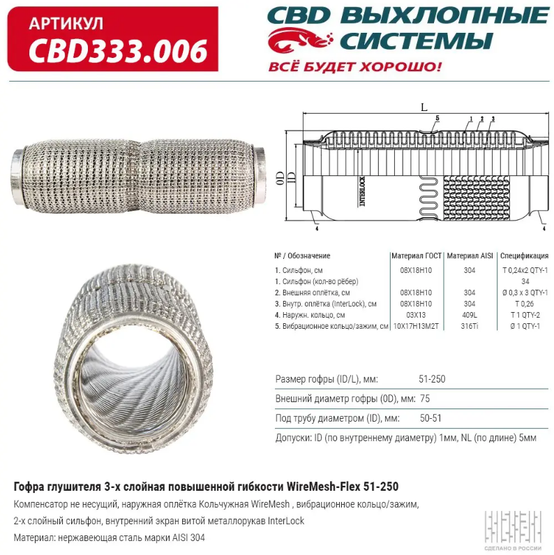 CBD Гофра глушителя повышенной гибкости WireMesh-Flex 51x250 CBD333006