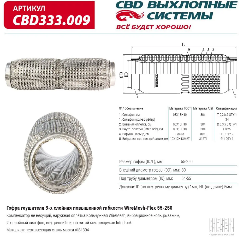 CBD Гофра глушителя повышенной гибкости WireMesh-Flex 55x250 CBD333009